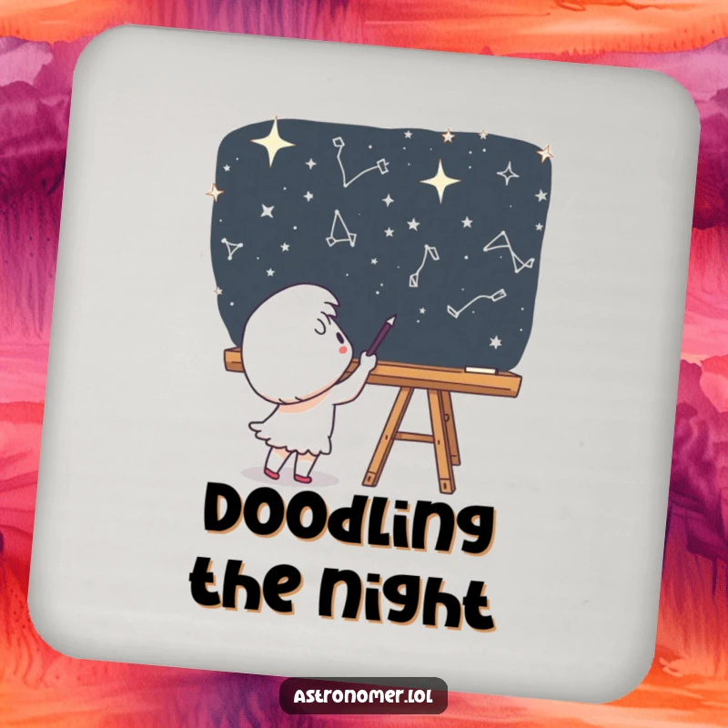 Funny Drink Coaster: A cute character draws constellations on a chalkboard in space, adding artistic flair to surface protection.