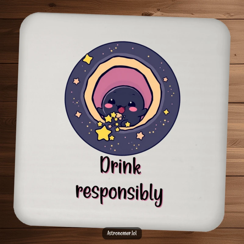 Funny cheerful black hole character playfully slurping up small stars, humorous coaster.