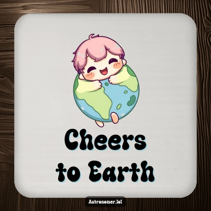 Funny Drink Coaster: Cute character joyfully hugs a planet, bringing a heartwarming and loving cosmic element to drink protection.