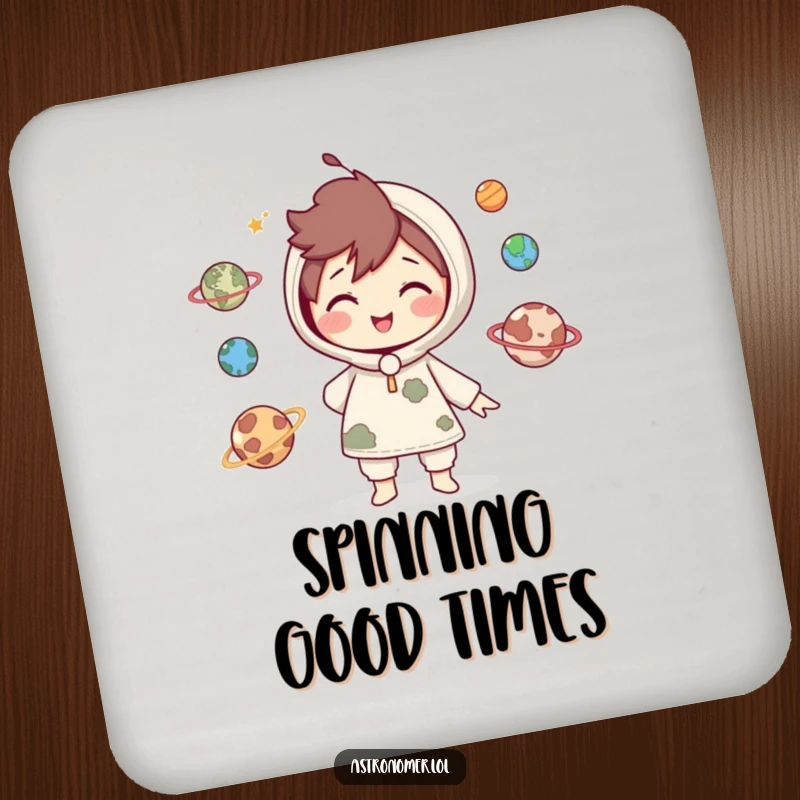 Funny Drink Coaster: Cute character smiles while juggling miniature planets, bringing a humorous and skillful cosmic element to drinks.