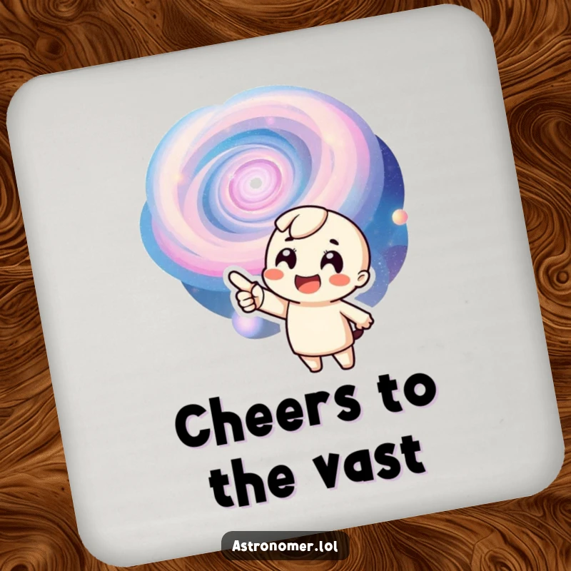 Funny drink coaster with a character pointing at a swirling galaxy, adding a touch of cosmic fun to surfaces.
