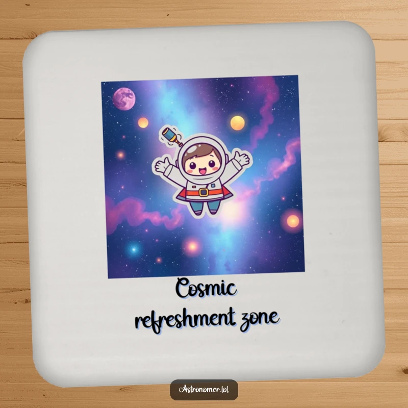 Funny Kawaii astronomer character happily floating among colorful nebulae on this drink coaster.
