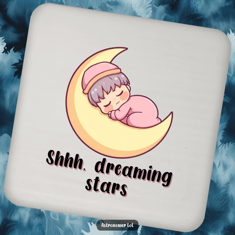 Funny Kawaii astronomer character peacefully napping on a crescent moon, adding sleepy charm to this drink coaster.