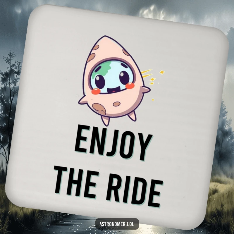 Funny surprised meteorite character with a mischievous grin, zooming past planet Earth, humorous coaster.