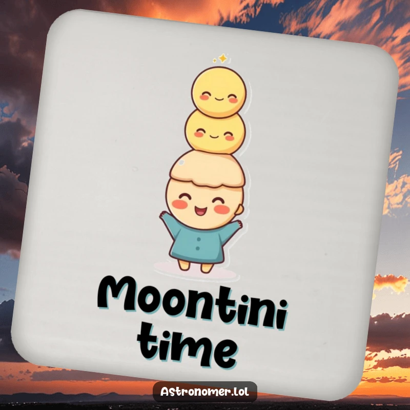 Funny Coaster: A happy character balances a comical stack of moons on their head, offering a humorous touch to drinks.