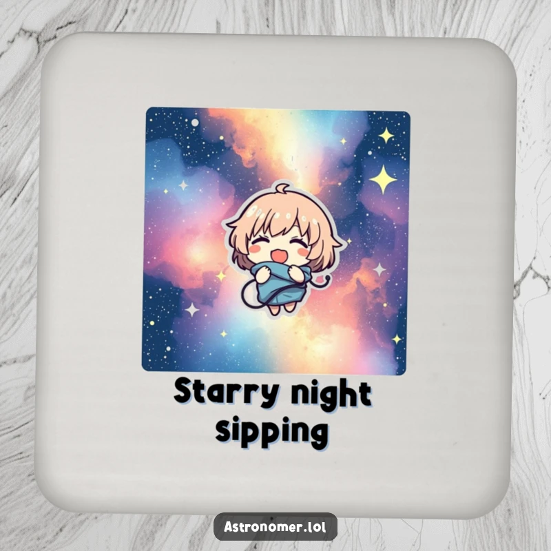 Funny drink coaster featuring a character comically tangled in a starry nebula, giggling and ready to catch condensation.