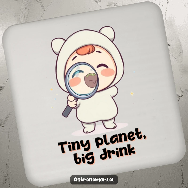 Funny drink coaster showing a delighted character using a magnifying glass on a tiny planet, adding humor to any setting.