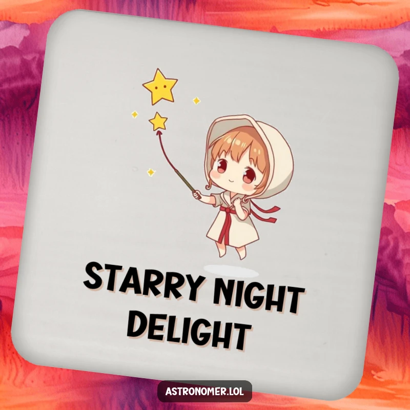 Funny drink coaster featuring a character attempting to catch a falling star with a net, symbolizing the pursuit of dreams.