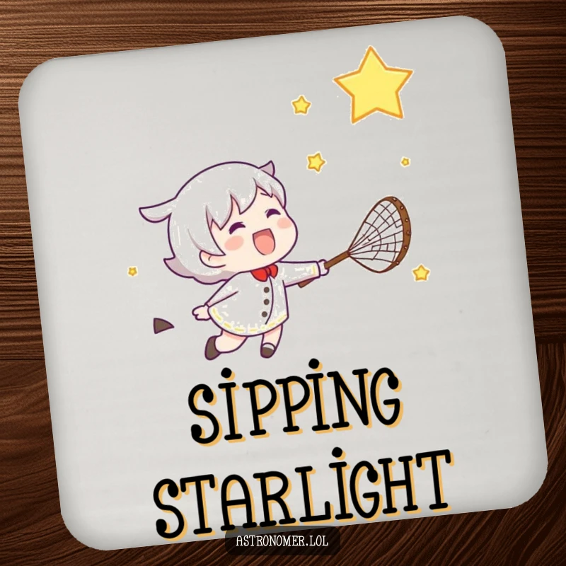 Funny drink coaster featuring a gleeful character joyfully chasing a shooting star with a net, protecting surfaces with style.