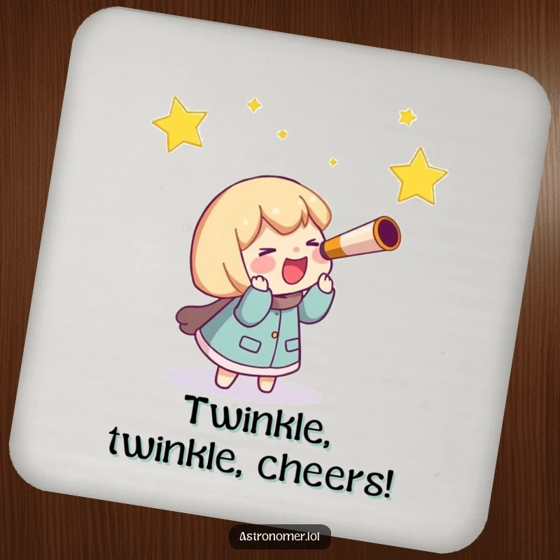 Funny Coaster: A character with a telescope giggles while chasing a luminous shooting star, adding humor to drink service.