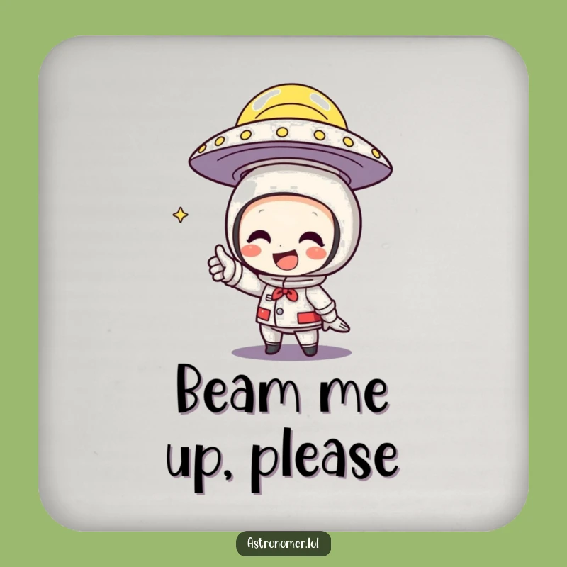 Funny UFO Coaster: Character Grins Pointing at Flying Saucer, Protect Your Table