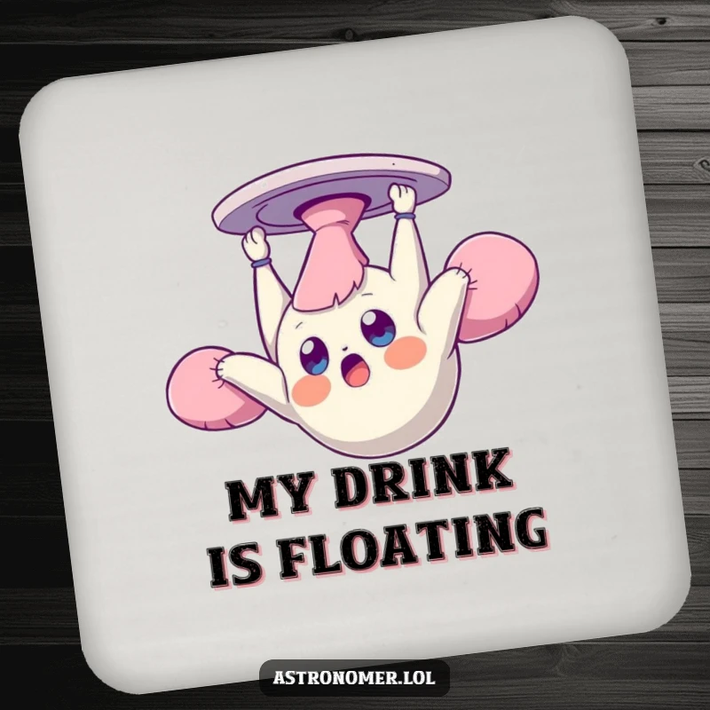 Funny drink coasters featuring a dazed creature floating upside down in zero gravity, protecting surfaces with a splash of cosmic absurdity.