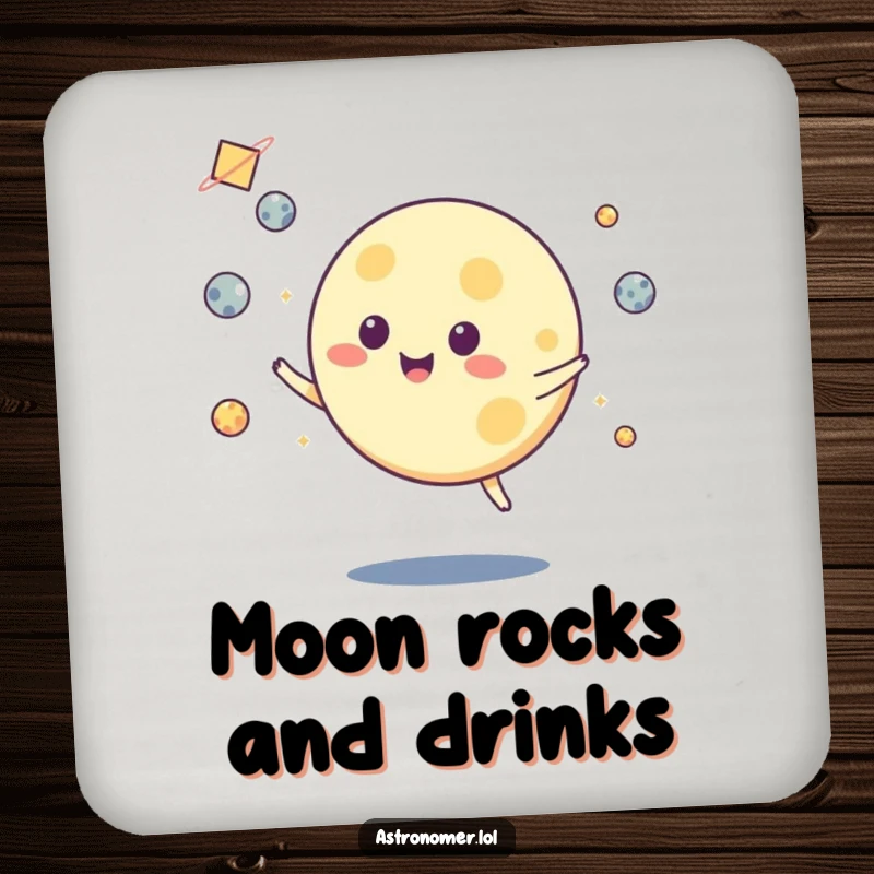Funny coaster depicting a moon character skillfully juggling asteroids, adding a touch of cosmic fun and surface protection.