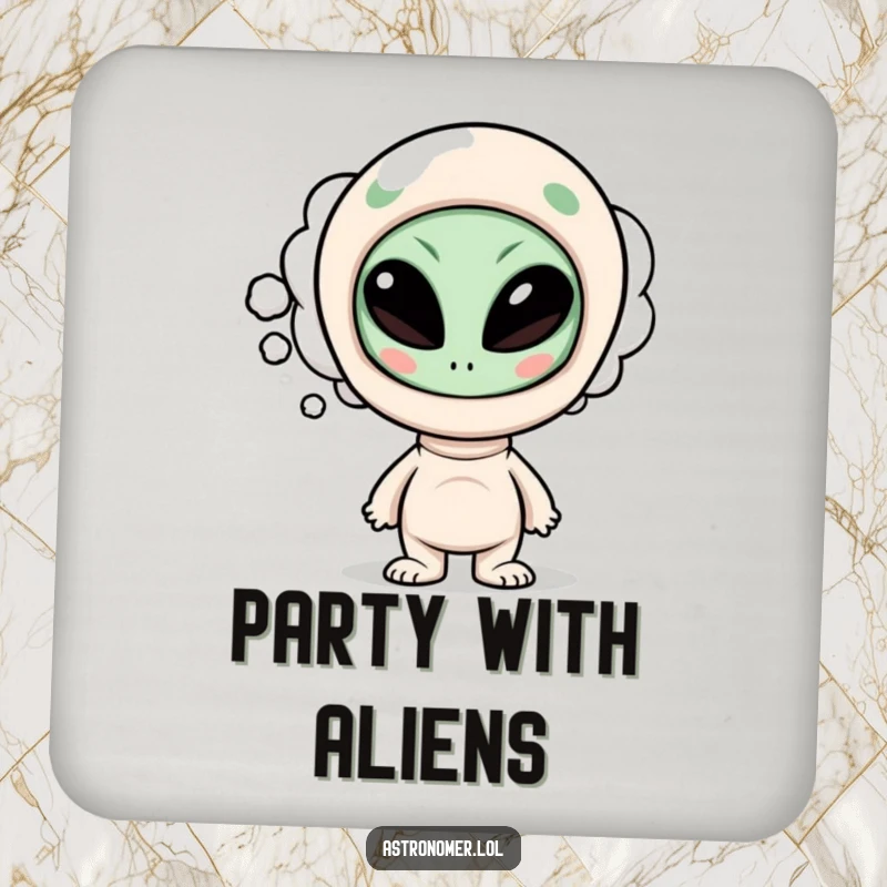 Funny drink coaster depicting a curious character with a thought bubble containing a funny alien face, adding humor to any surface.