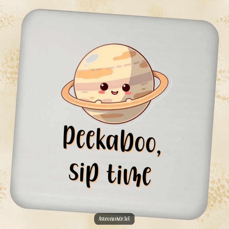 Funny Coaster: A curious character smiles while peeking from behind a ringed planet, adding a touch of playful humor to drinks.