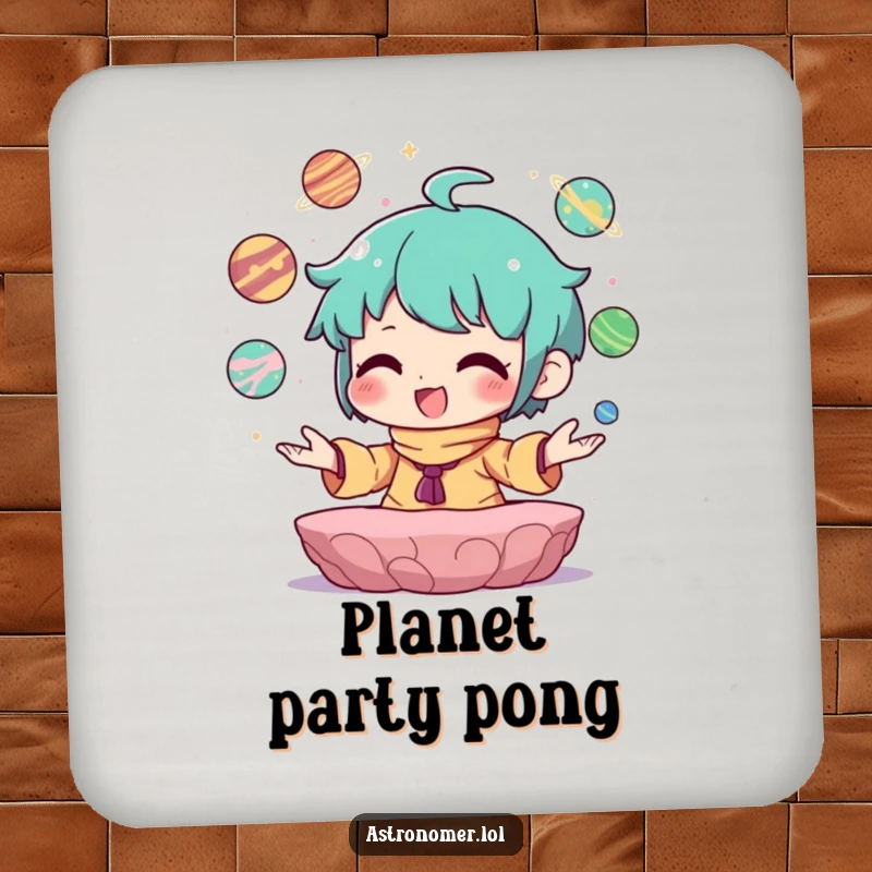 Funny Coaster showing a character with pure joy juggling small planets, adding cosmic fun to your space.