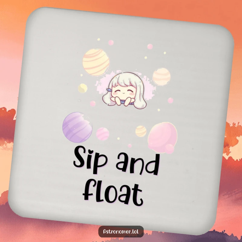 Funny drink coaster with a character floating serenely among glowing planets, adding peaceful cosmic vibes.