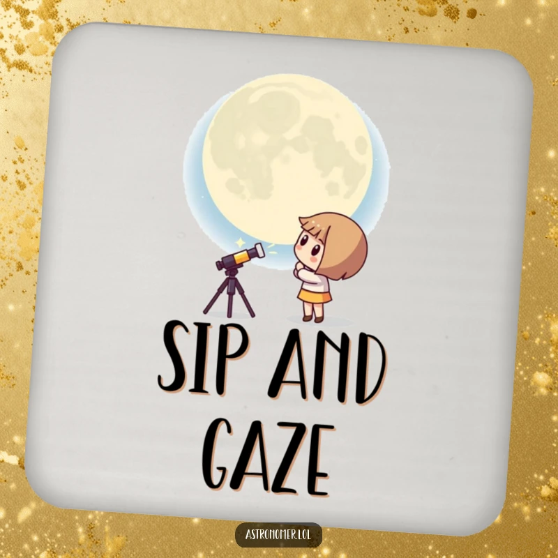 Funny Kawaii astronomer coaster depicting a curious character peering at a giant, surprised moon, offering humorous surface protection.