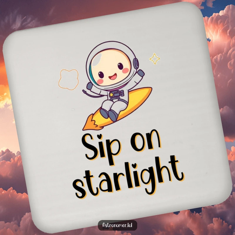 Funny Drink Coaster: A happy astronaut rides a comet, adding a humorous touch to beverage service.