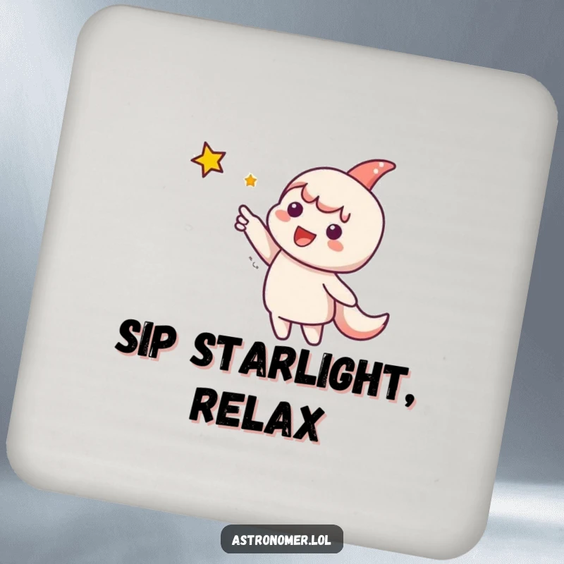 Funny Drink Coaster: Cute character points enthusiastically at a sparkling distant star, adding a cosmic and humorous touch to drinks.