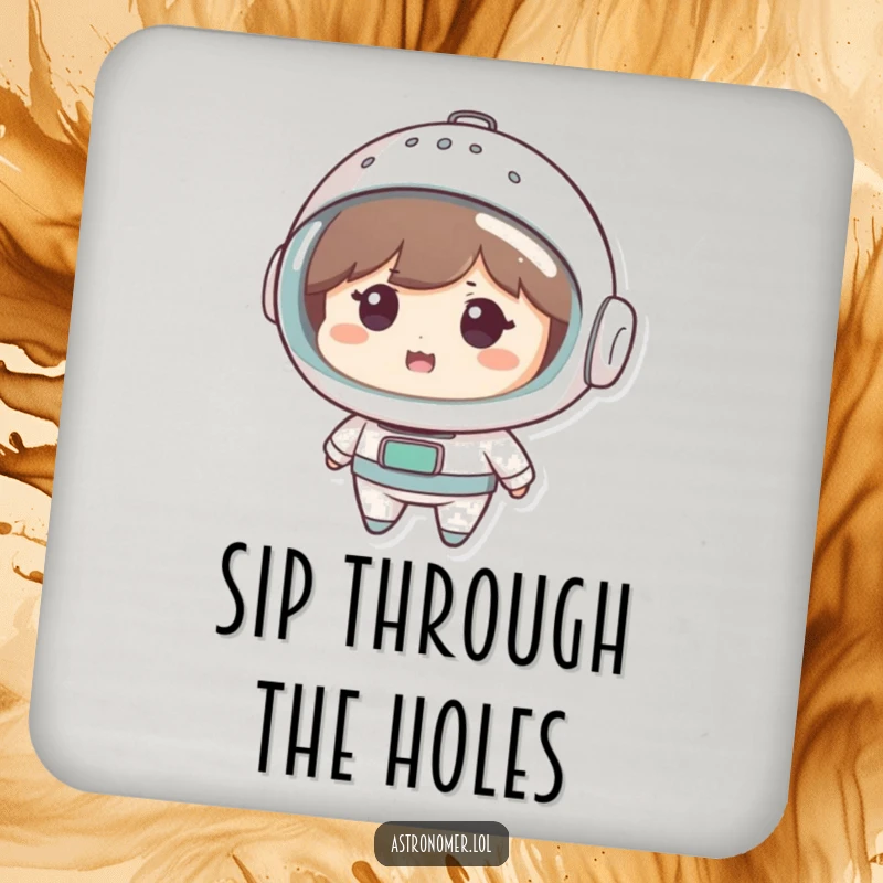 Funny Drink Coaster: Cute character looks amused wearing a colander as a space helmet, bringing a humorous and inventive element to drinks.