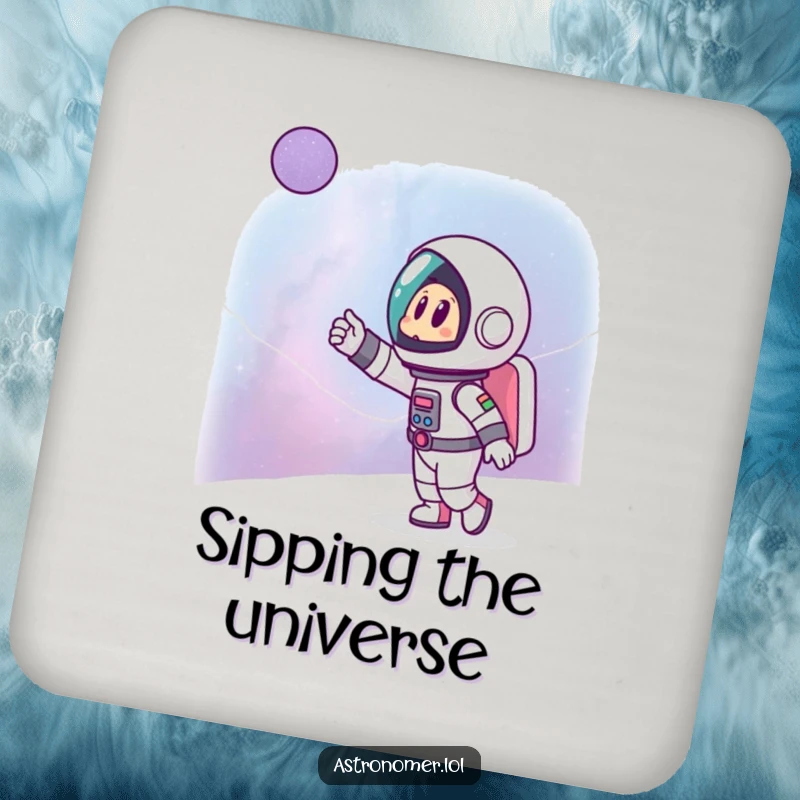 Funny drink coaster with a cartoon astronaut excitedly pointing at a distant galaxy, protecting surfaces with cosmic charm.