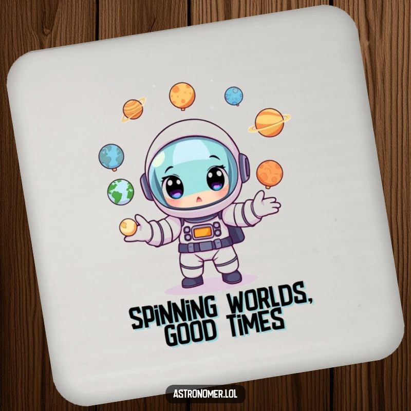 Funny Astronaut Coaster: A cartoon astronaut wide-eyed, juggling tiny planet models, protecting your furniture with cosmic flair.