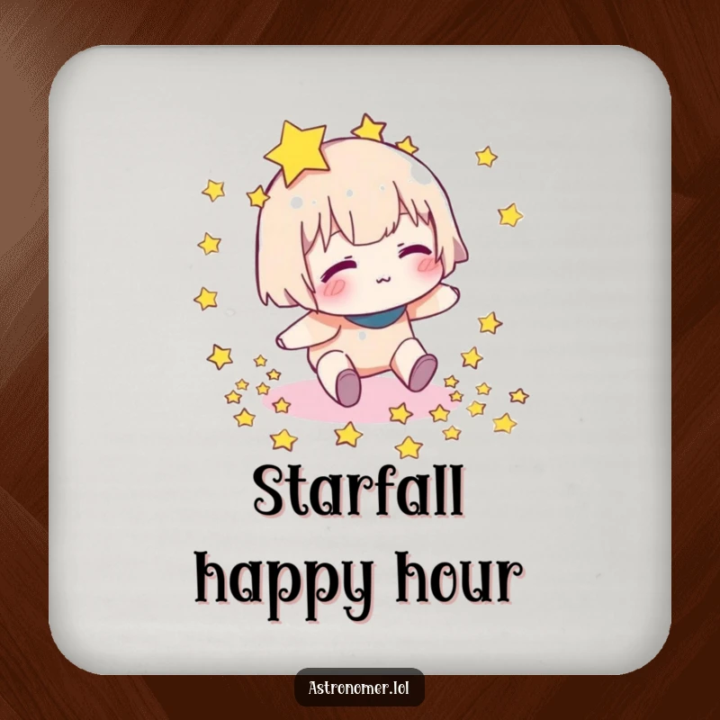 Funny drink coaster with a character stumbling and dropping stars, protecting surfaces with a humorous cosmic theme.