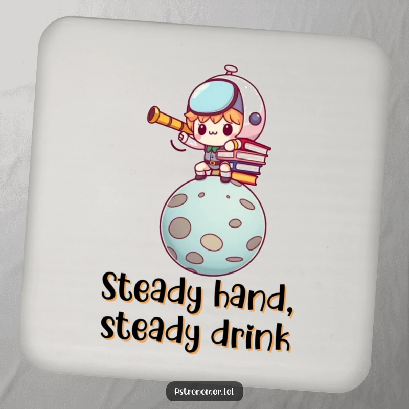 Funny Kawaii astronomer character determinedly balancing books on a planet on this drink coaster.