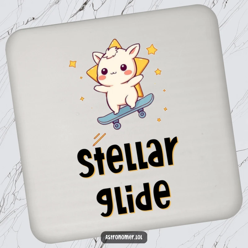 Funny drink coaster with a whimsical creature skateboarding on a shooting star, adding a humorous, dynamic touch.