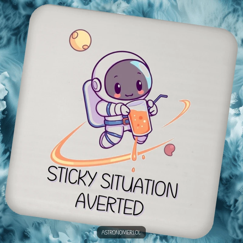 Funny Astronaut Coaster: A cartoon astronaut spilling a drink while orbiting a planet, protecting your furniture with cosmic silliness.