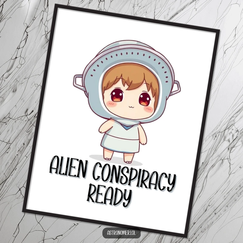 Funny poster of a character wearing a colander as a helmet, looking thoughtfully up at the sky, a humorous artistic piece.