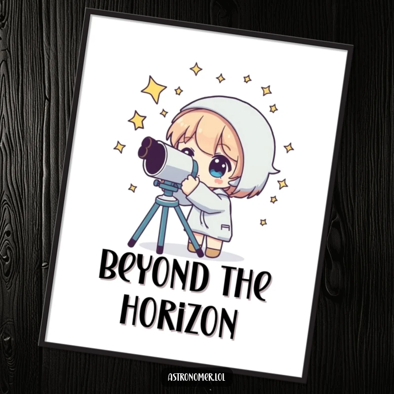 Funny poster of a character gazing through a telescope, surrounded by a vibrant nebula and twinkling stars, evoking cosmic awe.