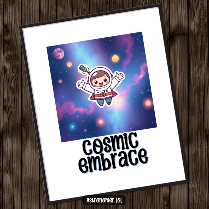 Funny Kawaii astronomer character joyfully floating through colorful nebulae with open arms on this vibrant poster.