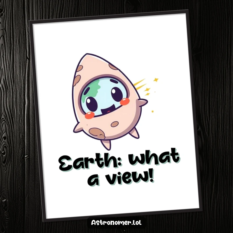 Funny surprised meteorite with a mischievous grin, zooming past planet Earth, humorous wall art.