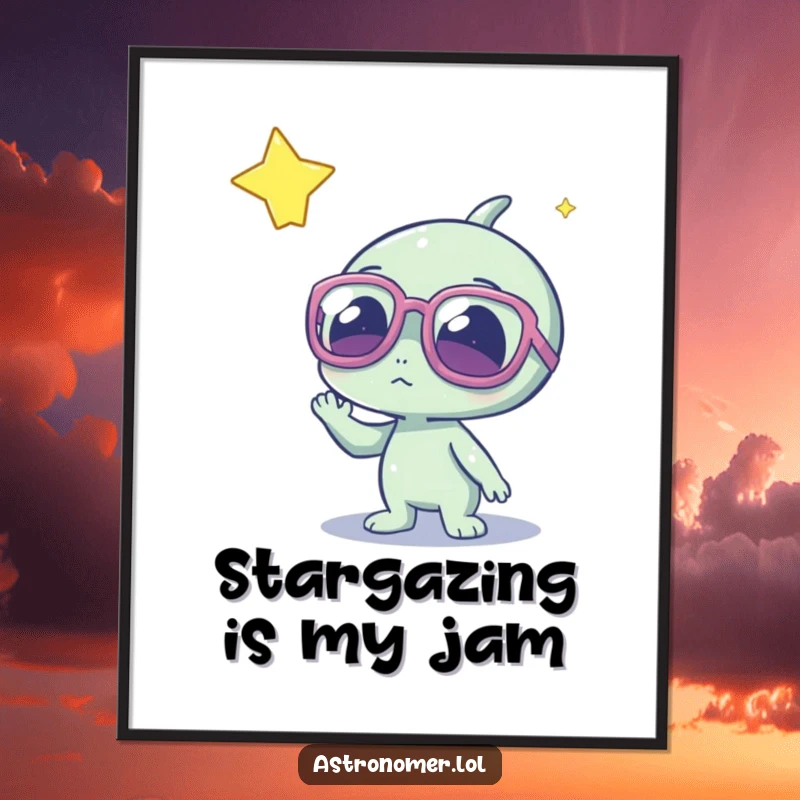 Funny cute alien character in large glasses, observing a bright star, artistic and humorous sci-fi wall decor.