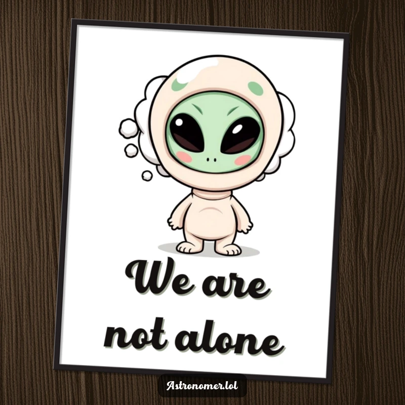 Funny poster showcasing a curious character with a thought bubble containing a funny, stylized alien face, ideal for humorous wall decor.