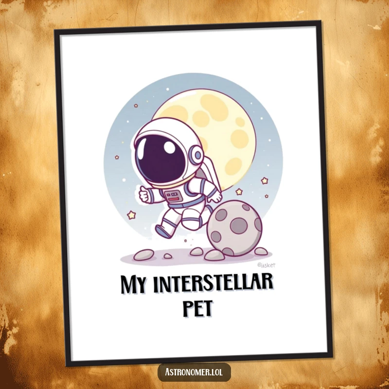 Funny poster depicting a cartoon astronaut playfully chasing a rolling moon rock on the moon, adding humor to wall decor.