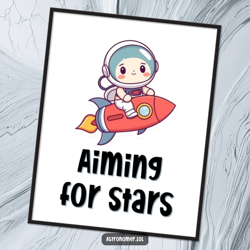 Funny astronaut with a determined smile, riding a crooked rocket into space, humorous wall art for adventurers.