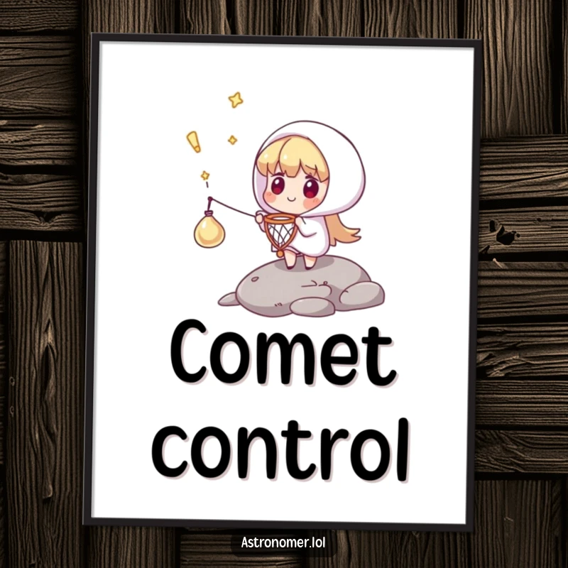 Funny poster illustrating a character using a tiny net to catch a falling comet, a whimsical and humorous piece of art.