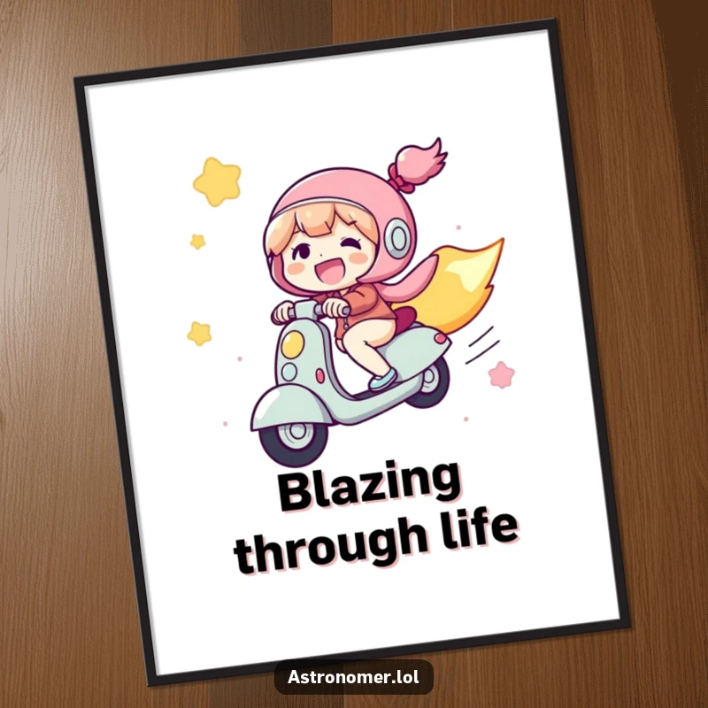 Funny Poster: A joyful character rides a comet like a scooter through the vastness of space, smiling with pure exhilaration.