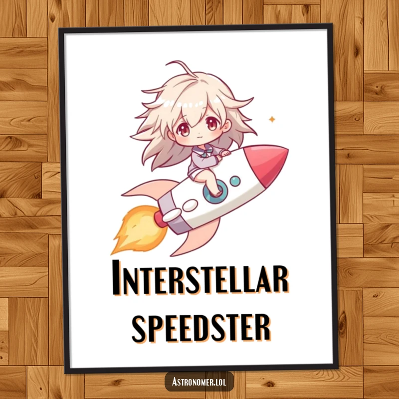 Funny poster of a character riding a comet like a rocket, hair dramatically windblown, capturing the exhilaration of space travel.