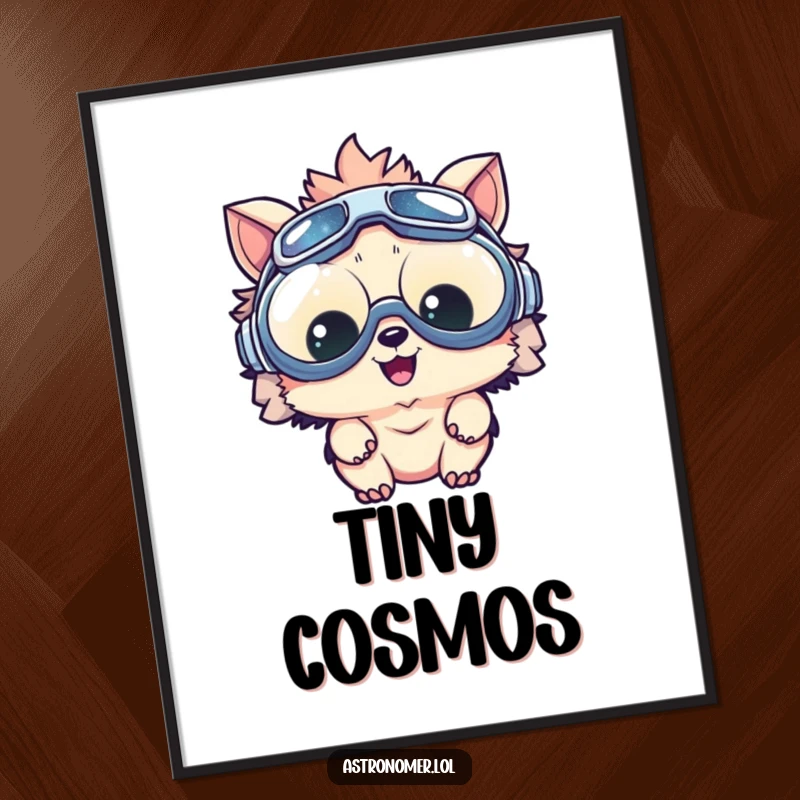 Funny poster depicting a delighted creature with large goggles, marveling at a tiny galaxy, adding whimsical decor.