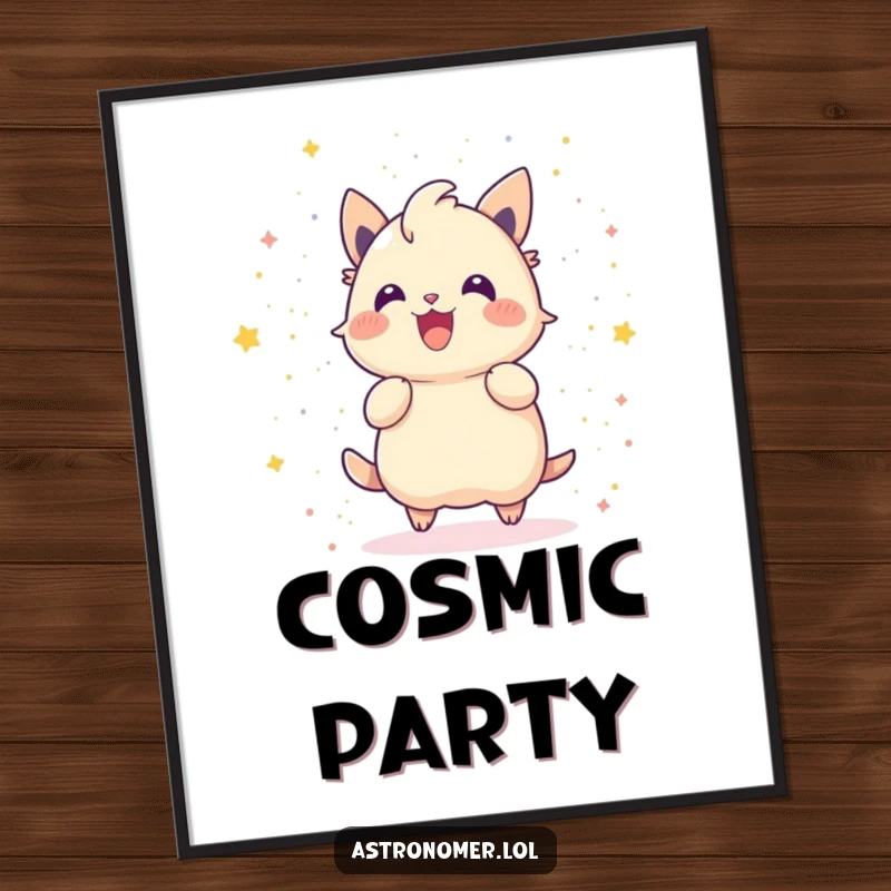 Funny poster depicting a gleeful creature joyfully throwing stardust like confetti, adding a magical, humorous touch.