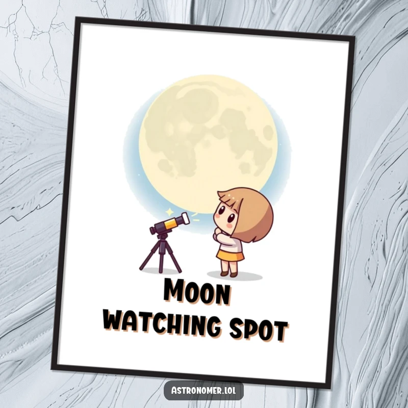 Funny Kawaii astronomer poster of a curious character peering at a giant, surprised moon, adding humorous cosmic charm to decor.
