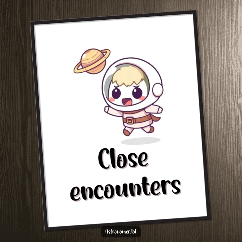 Funny Kawaii astronomer poster of a startled character comically dodging a tiny, flying planet, adding humorous cosmic energy to decor.