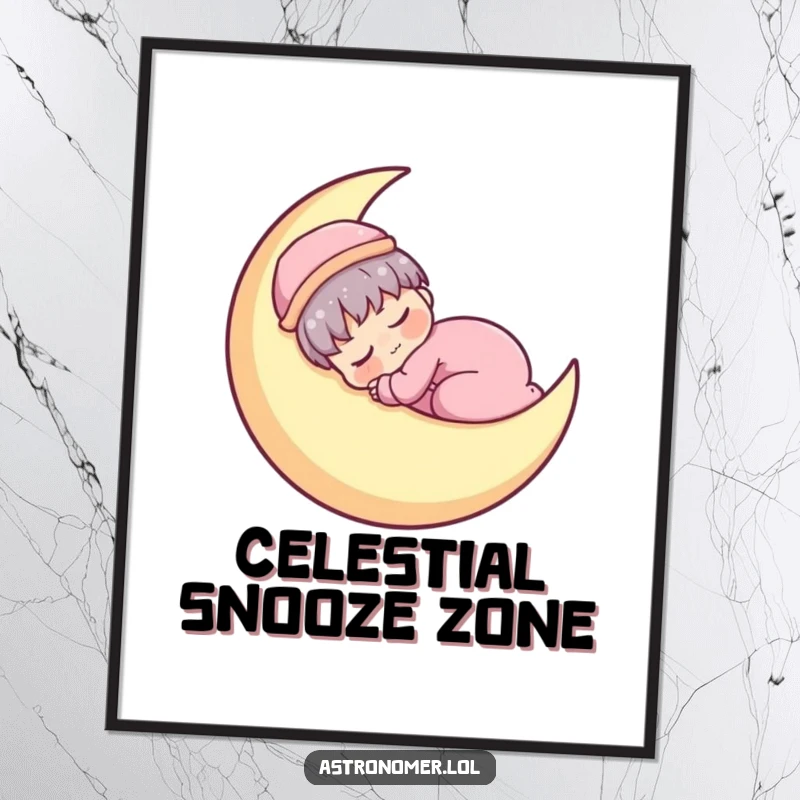 Funny Kawaii astronomer character depicted napping on a crescent moon, a humorous and artistic wall art piece.
