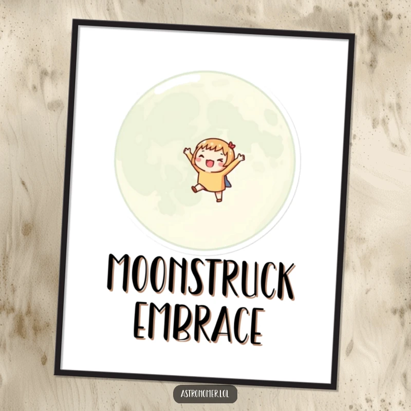 Funny poster of an excited character orbiting a giant moon with tiny arms outstretched, evoking pure cosmic joy.