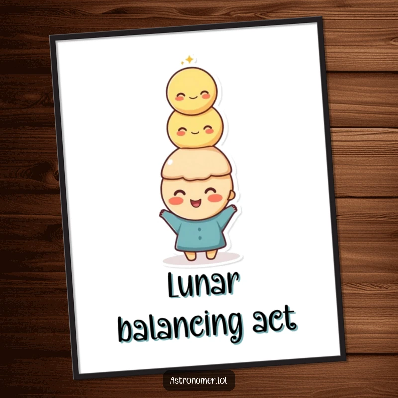 Funny Poster: A happy character balances a large stack of moons on their head, looking quite pleased with their lunar equilibrium.