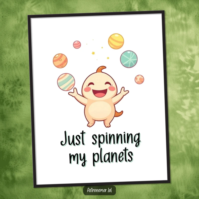 Funny poster print of a smiling creature juggling colorful planets, bringing a sense of wonder and playful energy to decor.